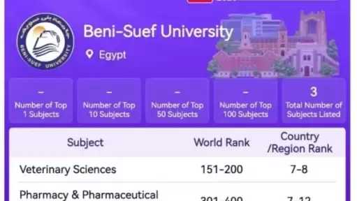 طبقا لتصنيف شنغهاي 2025.. جامعة بني سويف ضمن أفضل 400 عالمياً في 3 تخصصات