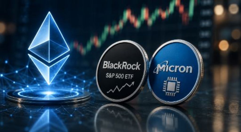 رمز إيثيريوم بجانب عملتي بلاك روك ومايكرون